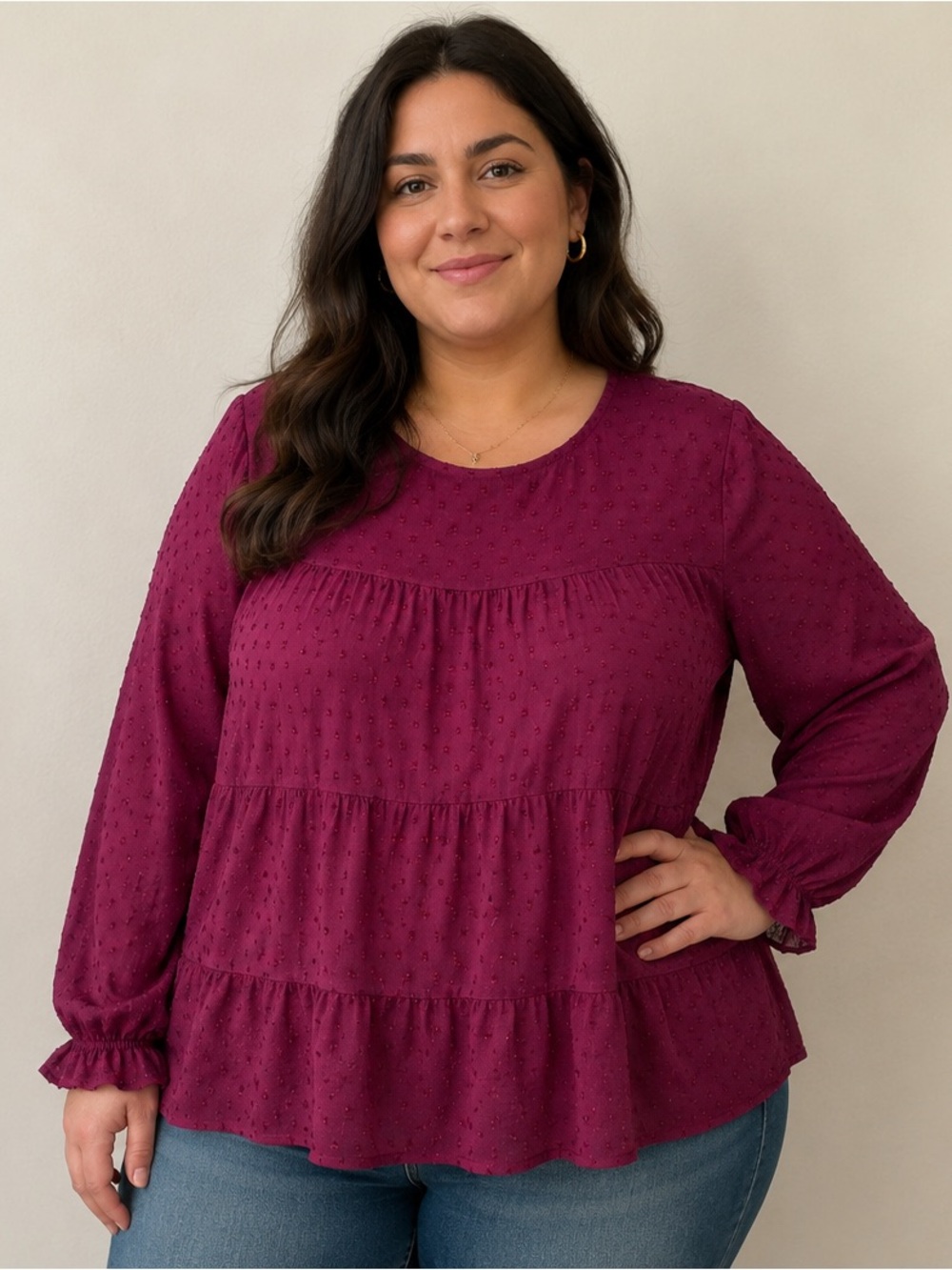 PrettyGarden Women’s XL Wine Red Swiss Dot Tiered Babydoll Blouse Long Sleeve